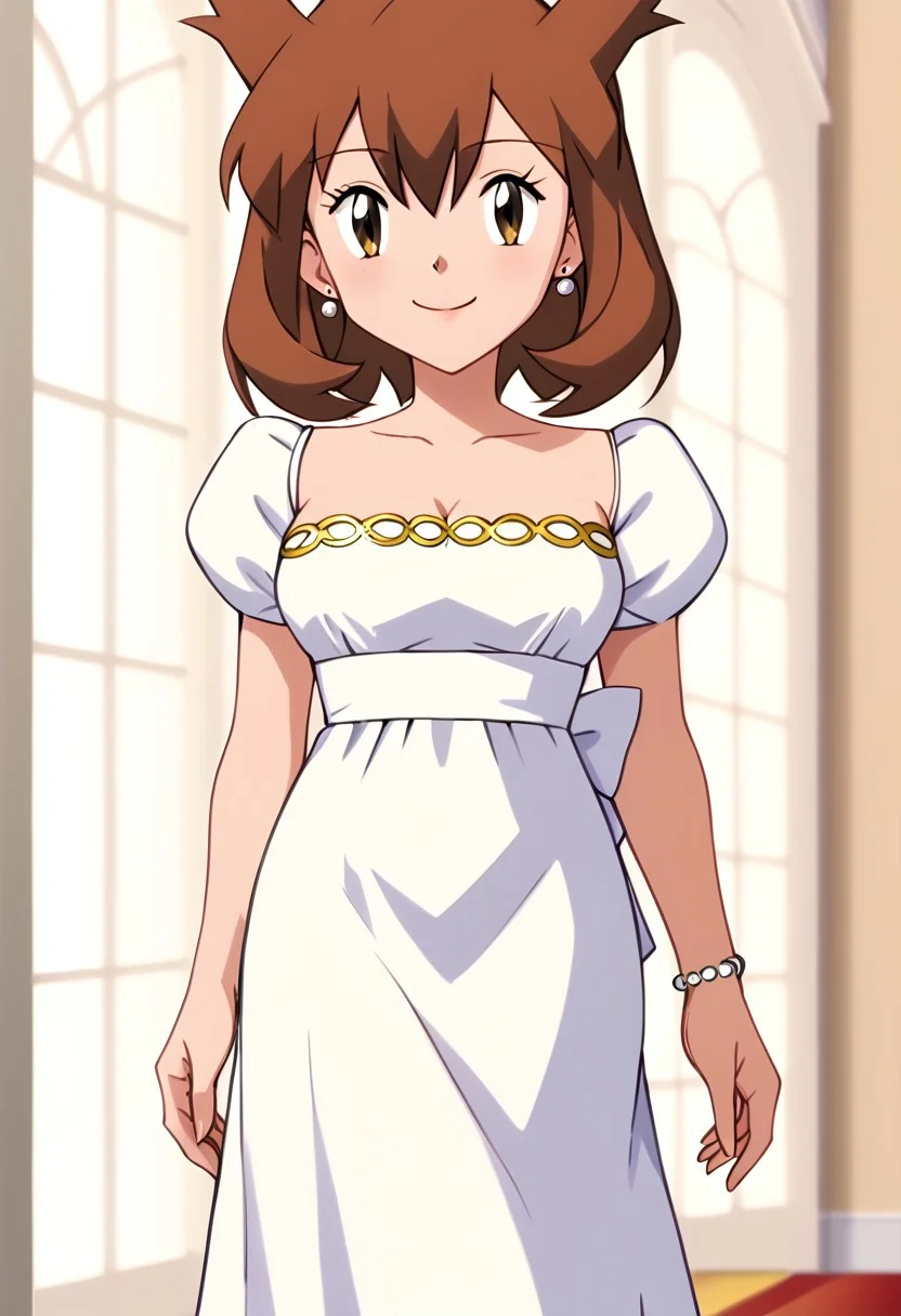 Bianca, brown hair, brown eyes, medium hair, hair between eyes BREAK earrings, white gown, puffy sleeves, strapless dress, short sleeves, hairclip, bracelet,  1girl, solo, walking through the mansion hallway background, smile, closed mouth, looking at viewers, cowboy shot, indoors, anime screencap