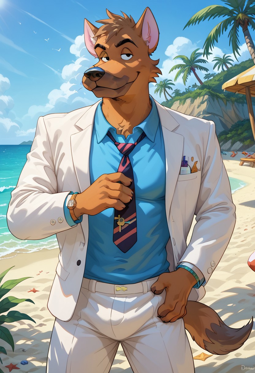 score_9, score_8_up, score_7_up, (AceHart), german shepherd, solo, 1boy, ((expressive)), ((body movement, hand movement)), outdoors, in backroom, cocky smile, hand on waist, holding dink in hand, chilling near beach bar, sunny, sand, beach scenery, blue shirt, white suit jacket, black tie, detailed bedroom, hi res, perfect face, best artwork, highly detailed