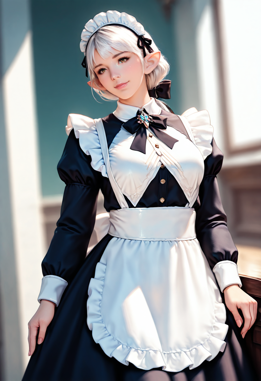 ameliance,brown eyes,white hair,bow,ponytail,smile,maid,mature female<lora:amelianceILv6:0.8>cowboy shot, very awa, masterpiece, best quality, amazing quality, very aesthetic, absurdres, sensitive, newest <lora:spo_sdxl_10ep_4k-data_lora_webui:0.7>,