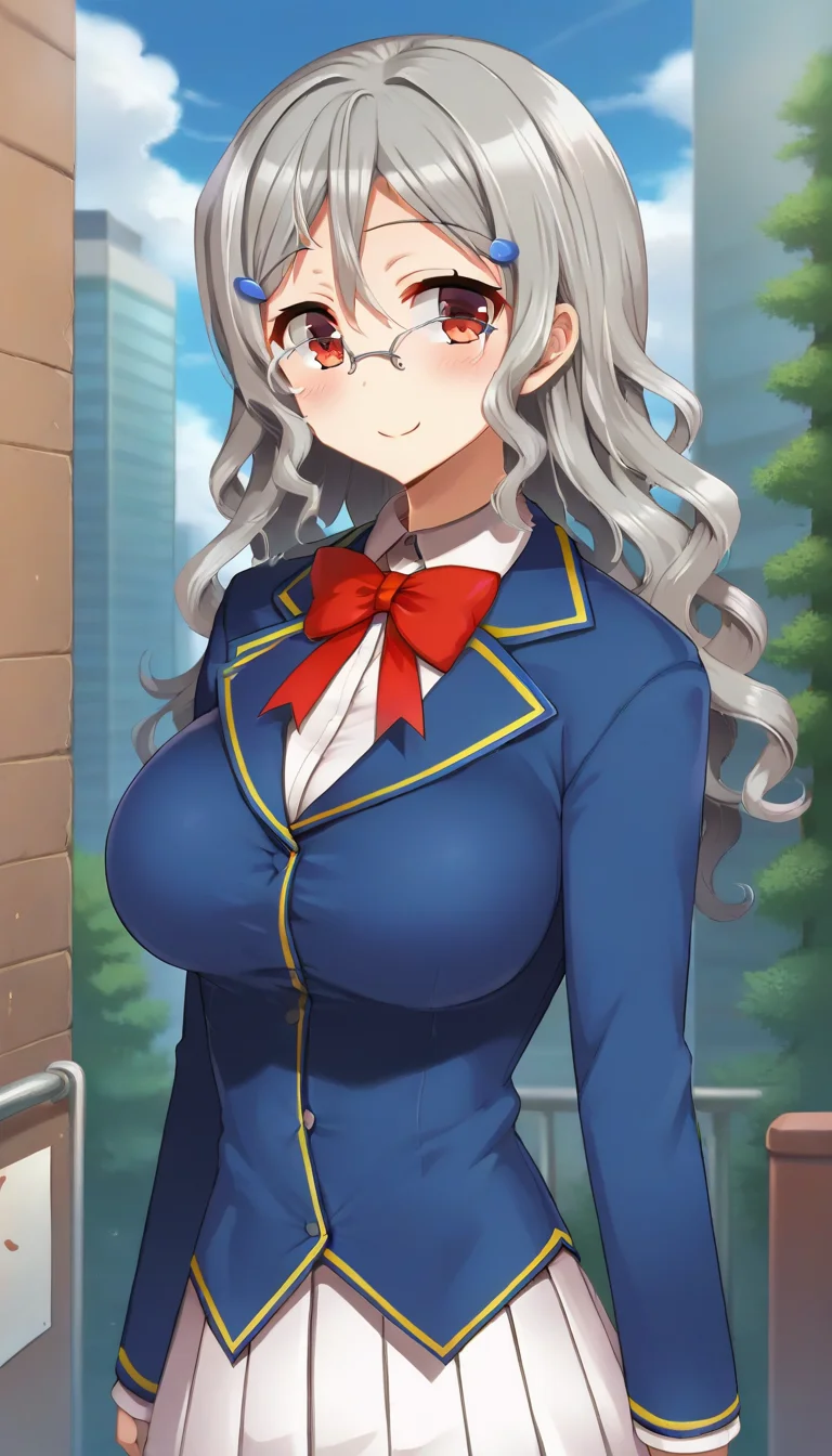 score_9,score_8_up,masterpiece,best quality,correct anatomy,anime_source,1girl,solo,perfect eyes,perfect arms,perfect legs,perfect face,outdoors,upper body,(portrait:1.5),looking at viewer,facing viewer,smile,blush,Nakayama Haruka,long curly hair,grey hair,hair ornament,hairclip,sidelocks,hair between eyes,parted bangs,red eyes,glasses,school uniform,blue jacket,blazer,white shirt,collared shirt,red bowtie,large breasts,skindentation,miniskirt,white skirt,pleated skirt,zettai ryouiki,black thighhighs,loafers,<lora:Nakayama Haruka(k7d)-Pony:1.4>,
