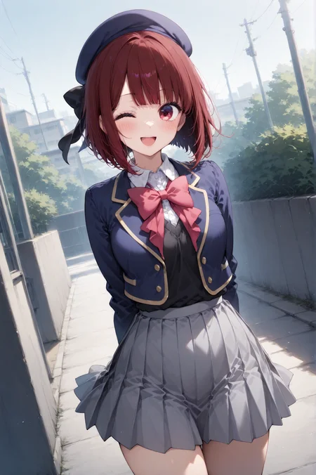 masterpiece best quality, absurdres very aesthetic, general, depth of field, intricate details, clean outline, thick lines, clear-edged_thin-outline, RAW colors, very awa, newest,
(a best cute girl), (arima kana:1.1), (oshi no ko \(anime\):1.2), high-teens cute girls, ;D, school uniform, Beret,
from front view,medium shot,cinematic dynamic angle, cute posing, outdoors, school gate, <lora:aesthetic_anime_v1s:1>