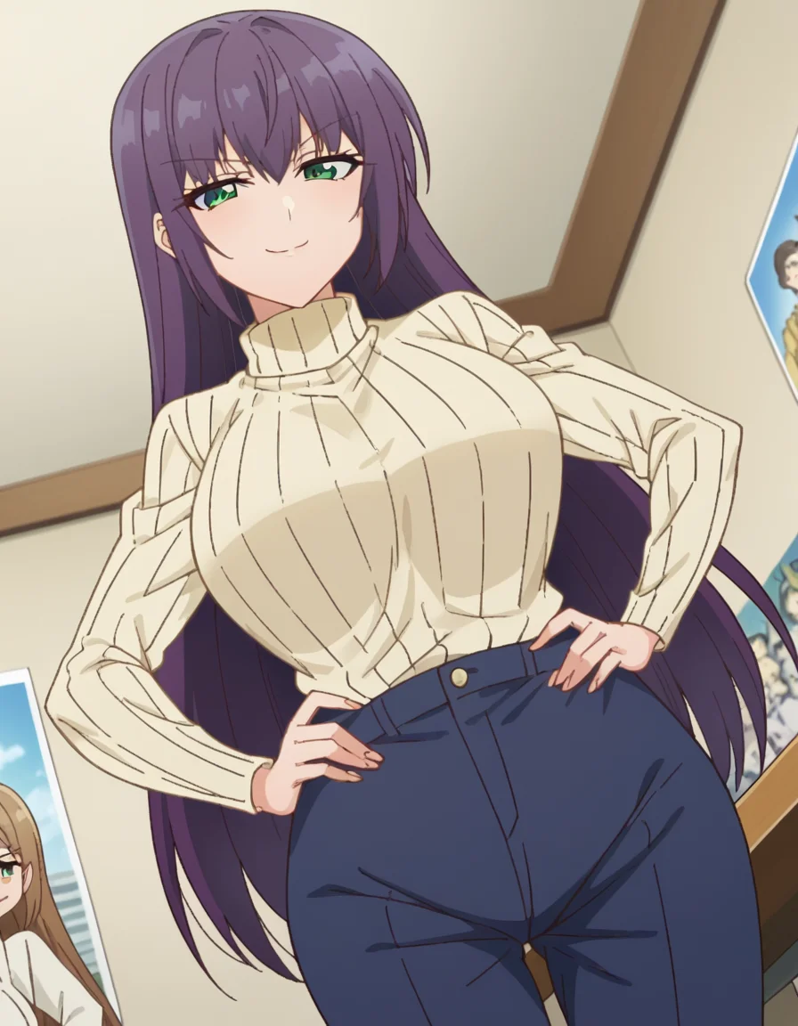 score_9, score_8_up, score_7_up, source_anime, <lora:yutaka-shinozaki-s1-ponyxl-lora-nochekaiser:1>, yutaka shinozaki, long hair, bangs, very long hair, green eyes, purple hair,, large breasts, mature female, long sleeves, pants, sweater, turtleneck, ribbed sweater, turtleneck sweater, blue pants, white sweater, clubroom, posters, meeting table, decorations, student council, smile, smug, hands on own hip,, looking at viewer, solo,, dutch angle, cowboy shot