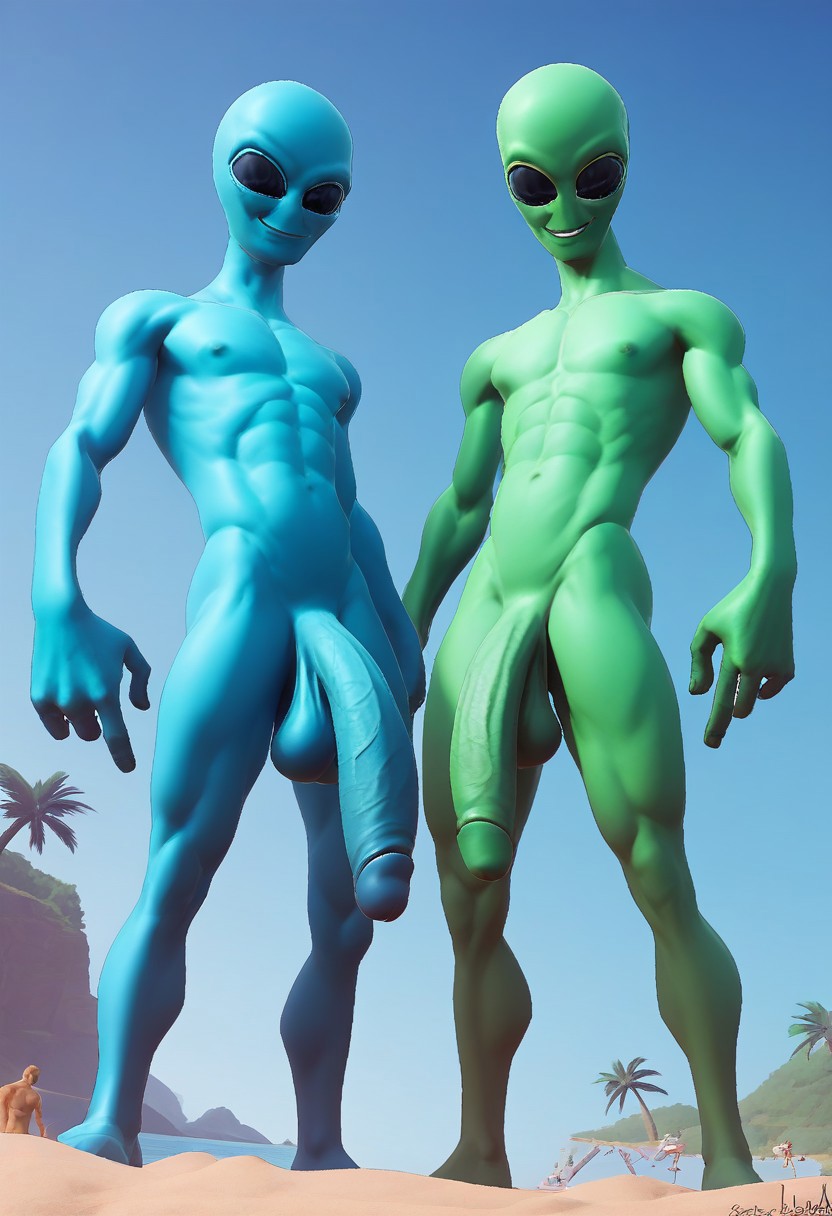 score_9_up, score_8_up, score_7_up, line art, 2boys, fort_bluebill, black sclera, fort_greenbill, nude, standing, smirk, beach, posing, long penis, low angle,