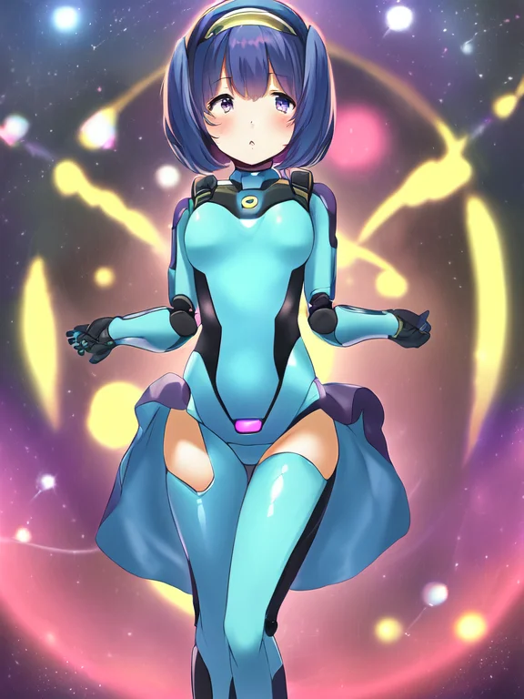 sadness, solo, 1girl, robotic, outer space background, eyes,waist, thighs, retro, hair, arms, hands, cyan, magenta, yellow, masterpiece, by ?