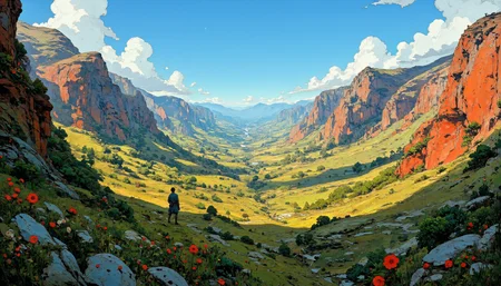 Serene plateau, untouched landscape, enormous expanses, rich natural colors, wildflowers blooming, native grasses swaying, towering cliffs encircling, azure sky above, golden sunlight streaming, lush green valleys, pristine beauty, intricate textures, 8k resolution, masterpiece, sweeping vistas, harmonious ecological balance, tranquil environment <lora:Let_It_Blaze_in_Crimson_anime_v1.0:0.8> <lora:Comic book opus IV:0.4> <lora:Niji V2B:0.2> <lora:flux_dev:1>