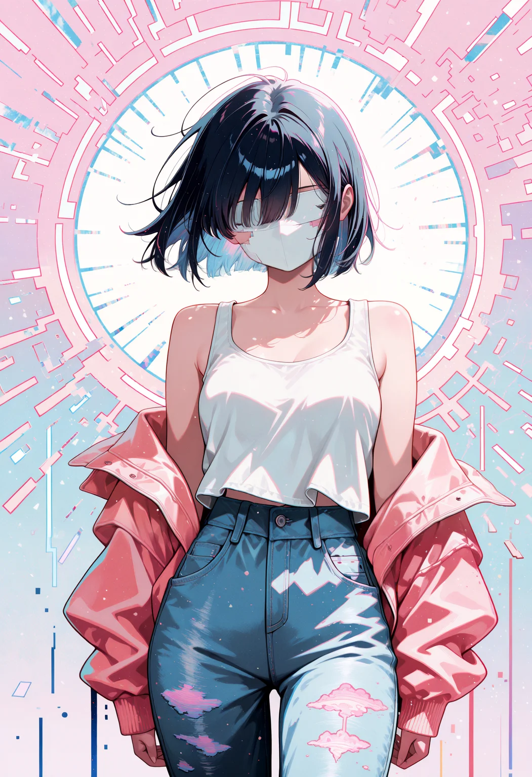 lazympos, absurdres, highres, pastel color palette, glitch art style, soft faded colors, muted blue and pink tones, girl with loose dark hair, wearing white tank top and faded jeans, jacket falling off shoulders, pink and blue censorship bars over face and body, vintage poster texture, minimalist background, emotional surreal atmosphere,