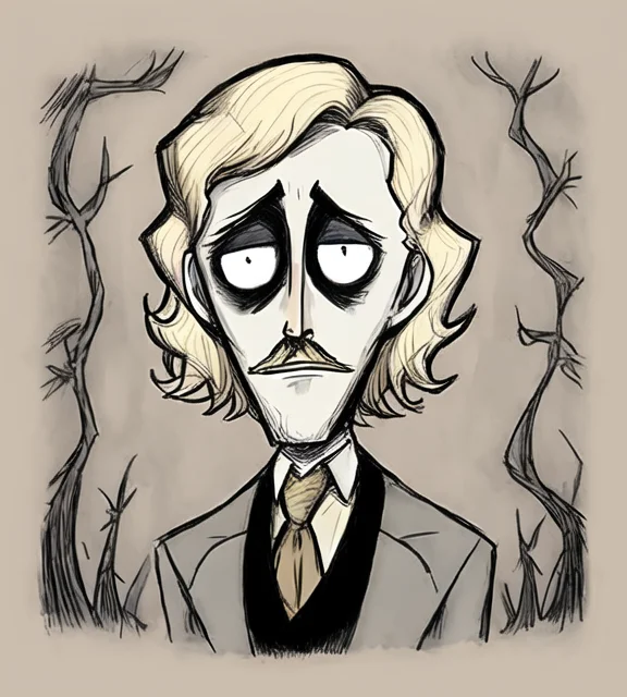 burtonesque, monochrome, very evil, stylish, suit, muted colors, portrait, forest, medium hair, blonde, mustache, detailed <lora:burtonesque2:0.75>