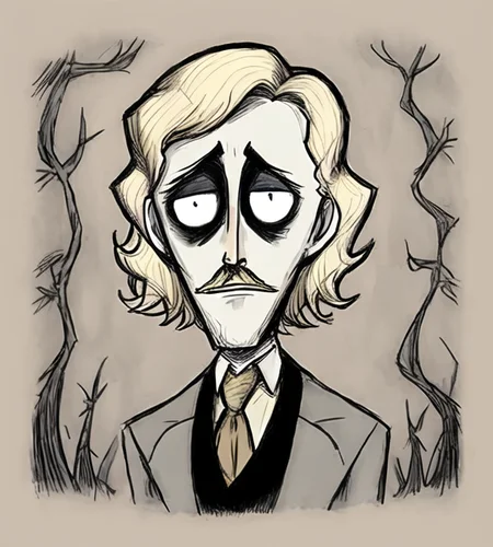 burtonesque, monochrome, very evil, stylish, suit, muted colors, portrait, forest, medium hair, blonde, mustache, detailed <lora:burtonesque2:0.75>