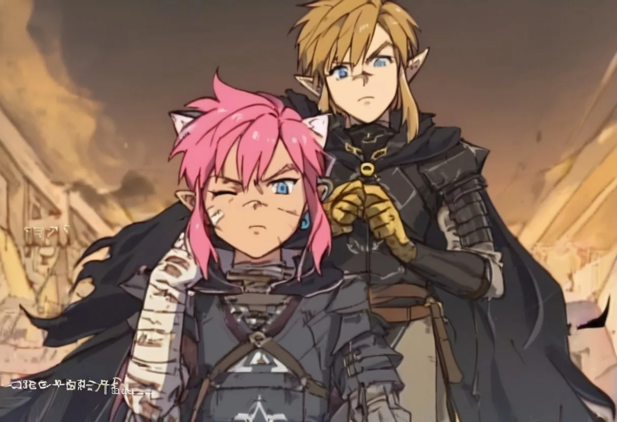 masterpiece, very aesthetic, anime screenshot, 1girl, Pink_PonyXL, black armor, shoulder armor, gauntlets, greaves, bandaged arm, black cape, torn cape, scar on nose, one eye closed,, bright pink hair cat bell around neck, cat ears, tanned, white tiger tail, small breasts, scowling, standing looking at viewer
Break
1boy, link1,link,pointy ears,blonde hair,blue eyes,medium hair,side locks,earrings,short ponytail, hylian tunic
Break
City of hyrule on fire, at night
