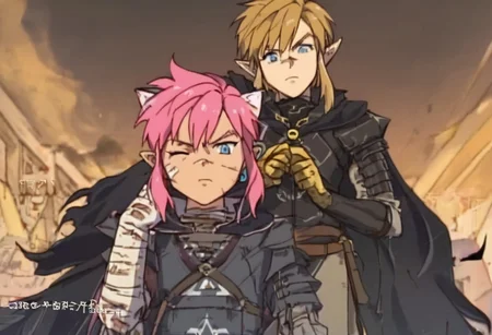 masterpiece, very aesthetic, anime screenshot, 1girl, Pink_PonyXL, black armor, shoulder armor, gauntlets, greaves, bandaged arm, black cape, torn cape, scar on nose, one eye closed,, bright pink hair cat bell around neck, cat ears, tanned, white tiger tail, small breasts, scowling, standing looking at viewer
Break
1boy, link1,link,pointy ears,blonde hair,blue eyes,medium hair,side locks,earrings,short ponytail, hylian tunic
Break
City of hyrule on fire, at night