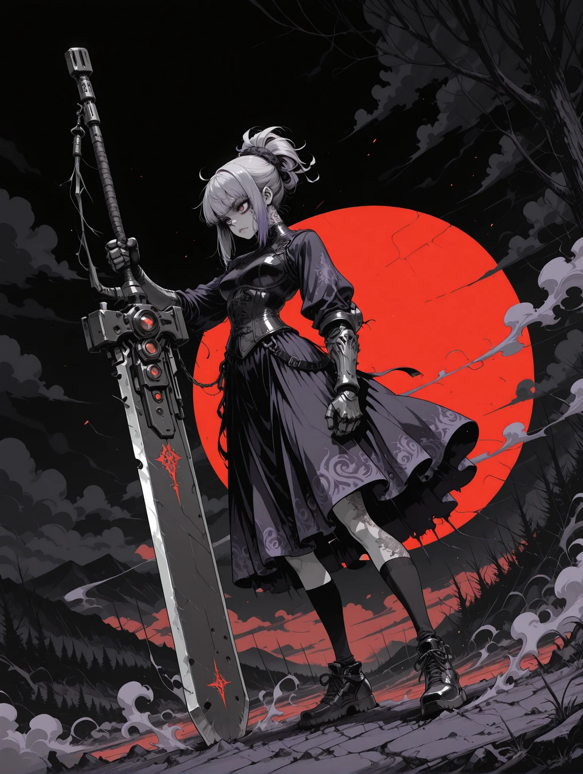 masterpiece,best quality,amazing quality,very aesthetic, absurdres, textured skin, anime style, (black and white, grayscale, monochrome:1.1), shaded, bold lines, Crestyle, detailed background, manga,
shindol, Crestyle, m4ng4, Sinozick_illu, spot color, in the style of cksc, abstract, surreal, intricate background, ornate,
shadows, Rim Lighting, ,
1girl, blunt_ends, ringlets hairstyle, monster pupils, elaborate tattoo, knee high socks, silk shoes, socks belt, armored gloves, modern military armor, (solo:1.6), light skin,, light hair, dark eyes, young, red eyes, sinister, dramatic,
luminescent print, (dark Violet clothes, colored clothes,:1.3) armored,
tiled baggy gown, latex corset-layered Kilt, High-waisted trousers,
silver staff, holding weapon, large weapon, colossal weapon, oversized weapon,, fighting pose, (dynamic pose:1.4), motion lines, dutch angle, smoke, fog, heavy sky, dark theme, light particles,
distant mountains, distant valley, distant forest, clouds, mist, (Crimson background:1.1), black background,
<lora:DetailedPerfect_hands_r1:1> <lora:ShindoL:0.5> <lora:ill_yukimi_styleV1:0.3> <lora:m4ng4XLP:0.8> <lora:Crestyle_Illu:0.3> <lora:Sinozick_style:0.6> <lora:ck-shadow-circuit-IL:0.3> <lora:OldAnimeStyle_XL_v3:0.2> <lora:xl_more_art-full_v1:0.4> <lora:StS-Illustrious-Detail-Slider-v1.0:1> <lora:TrendCraft_The_Peoples_Style_Detailer-v2.1A-3_12_2025-SDXL:0.2> <lora:- iLL - the_edgy_mech_V2.0-:0.3> <lora:ppw_v7_Illuv1.0_1_r2:0.3> <lora:add-detail-xl:1> <lora:ponyv3_ill01_2_adamW:0.2>