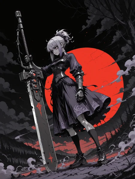 masterpiece,best quality,amazing quality,very aesthetic, absurdres, textured skin, anime style, (black and white, grayscale, monochrome:1.1), shaded, bold lines, Crestyle, detailed background, manga, 
shindol, Crestyle, m4ng4, Sinozick_illu, spot color, in the style of cksc, abstract, surreal, intricate background, ornate, 
shadows,  Rim Lighting, , 
1girl, blunt_ends,  ringlets hairstyle,  monster pupils,   elaborate tattoo,  knee high socks, silk shoes, socks belt, armored gloves, modern military armor, (solo:1.6), light skin,, light hair, dark eyes, young,  red eyes, sinister, dramatic, 
luminescent print, (dark Violet clothes, colored clothes,:1.3)   armored, 
tiled baggy gown, latex corset-layered Kilt, High-waisted trousers, 
silver staff, holding weapon, large weapon, colossal weapon, oversized weapon,, fighting pose, (dynamic pose:1.4), motion lines, dutch angle, smoke, fog, heavy sky, dark theme, light particles, 
distant mountains, distant valley, distant forest, clouds, mist, (Crimson background:1.1), black background, 
<lora:DetailedPerfect_hands_r1:1> <lora:ShindoL:0.5>   <lora:ill_yukimi_styleV1:0.3>  <lora:m4ng4XLP:0.8> <lora:Crestyle_Illu:0.3>  <lora:Sinozick_style:0.6>  <lora:ck-shadow-circuit-IL:0.3> <lora:OldAnimeStyle_XL_v3:0.2> <lora:xl_more_art-full_v1:0.4> <lora:StS-Illustrious-Detail-Slider-v1.0:1> <lora:TrendCraft_The_Peoples_Style_Detailer-v2.1A-3_12_2025-SDXL:0.2> <lora:- iLL - the_edgy_mech_V2.0-:0.3> <lora:ppw_v7_Illuv1.0_1_r2:0.3> <lora:add-detail-xl:1> <lora:ponyv3_ill01_2_adamW:0.2>