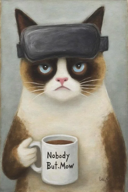 jeanpaullemieux1 painting.
Grumpy Cat holding a coffee mug, wearing a VR Headset. The mug has the phrase "NobodyButMeow" printed <lora:jeanpaullemieux1_cap_d6a3e8:1.0><lora:841093053700743186:0>