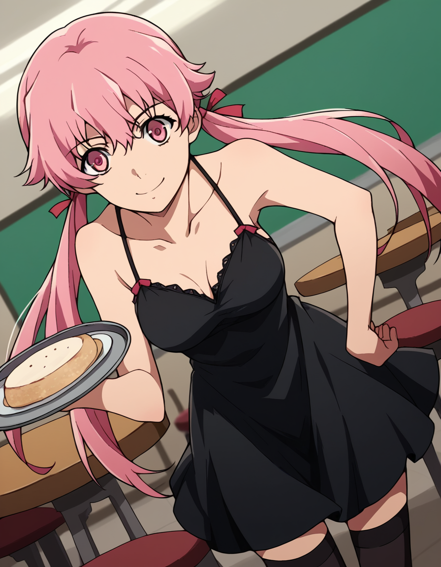 score_9, score_8_up, score_7_up, source_anime, <lora:yuno-gasai-s1-ponyxl-lora-nochekaiser:1>, yuno gasai, long hair, pink hair, pink eyes, sidelocks, ribbon, red ribbon, hair ribbon, twintails, medium breasts, thighhighs, dress, bare shoulders, black dress, black skirt, sleeveless, sleeveless dress, spaghetti strap, collarbone,, cafeteria, tables, food trays, chairs, line, smile, leaning forward,, looking at viewer, solo,, dutch angle, cowboy shot