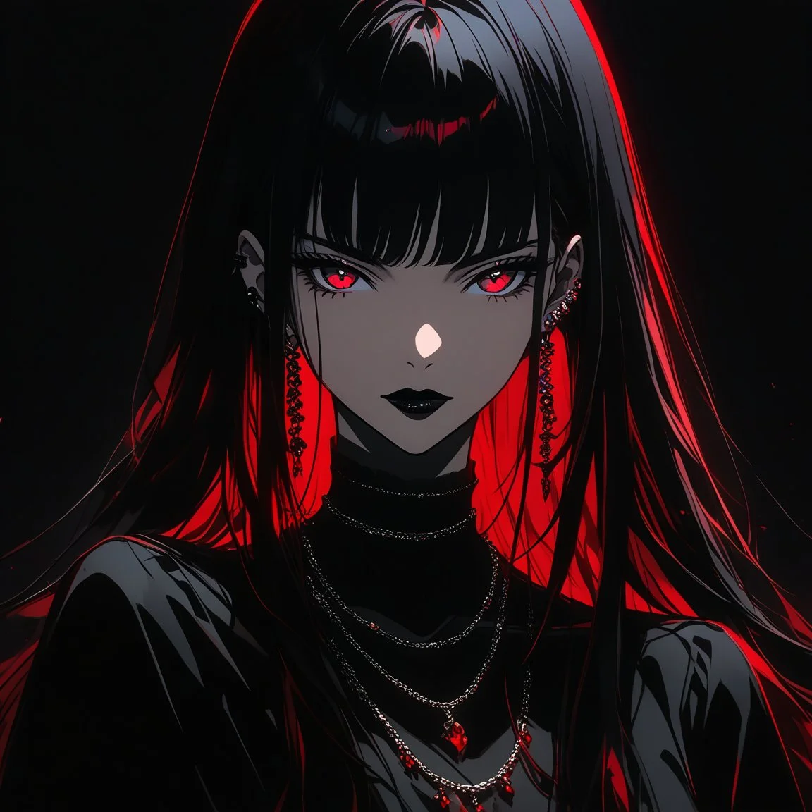 anime girl, best qulity, black hair, long hair, straight hair, red eys, black lipstick, necklace, earrings, black outfit, dark background, <lora:gothic_girl:0.9>, <lora:GLSHS:0.8> GLSHS, partially illuminated