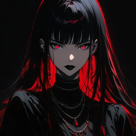 anime girl, best qulity, black hair, long hair, straight hair, red eys, black lipstick, necklace, earrings, black outfit, dark background, <lora:gothic_girl:0.9>, <lora:GLSHS:0.8> GLSHS, partially illuminated