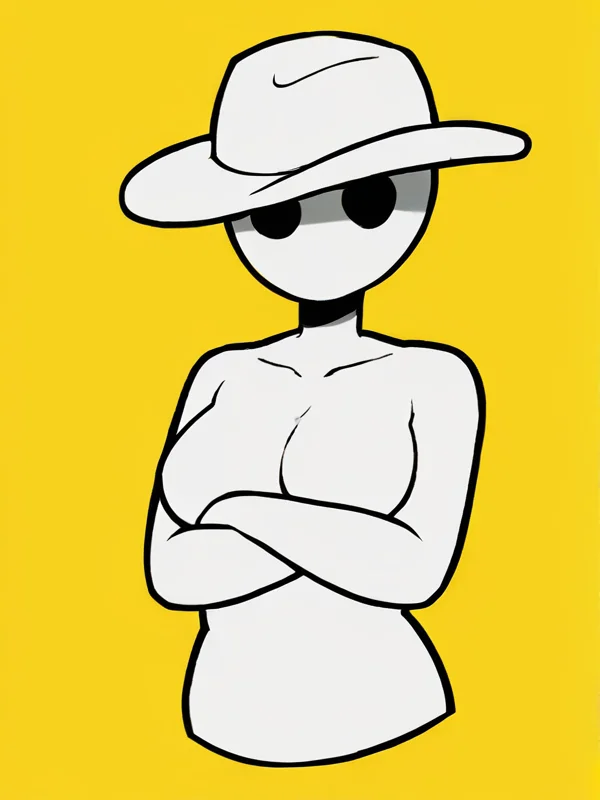 <lora:wrnsignPDXL_11b:1> yellow background, black lineart, white body, flat colors, solo, upper body, humanoid, female, black eyes, empty eyes, looking at viewer, noseless, mouthless, medium breasts, crossed arms, fedora, white hat