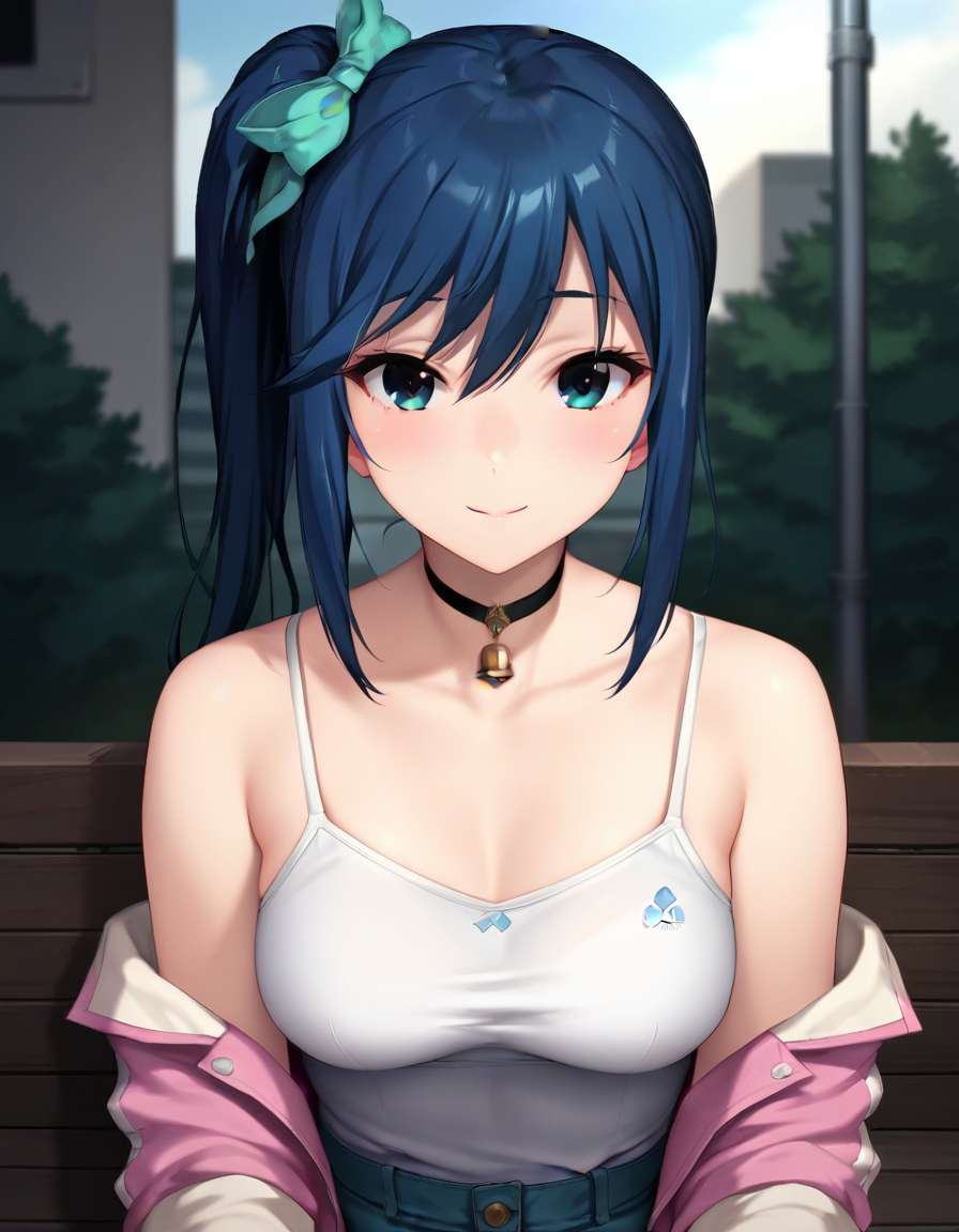 score_9,score_8_up,score_7_up,score_6_up BREAK official art,solo,outdoors,upper body,(portrait:1.5),looking at viewer,facing viewer,smile,blush,Takasaki Miho,long hair,blue hair,side ponytail,hair ribbon,hair bow,aqua bow,sidelocks,hair between eyes,bangs,blue eyes,collarbone,choker,jewelry,bell,cropped jacket,pink jacket,short sleeves,medium breasts,camisole,white shirt,denim shorts,shorts rolled up,white socks,high heel boots,<lora:Takasaki Miho(oin)-Pony:1.4>,