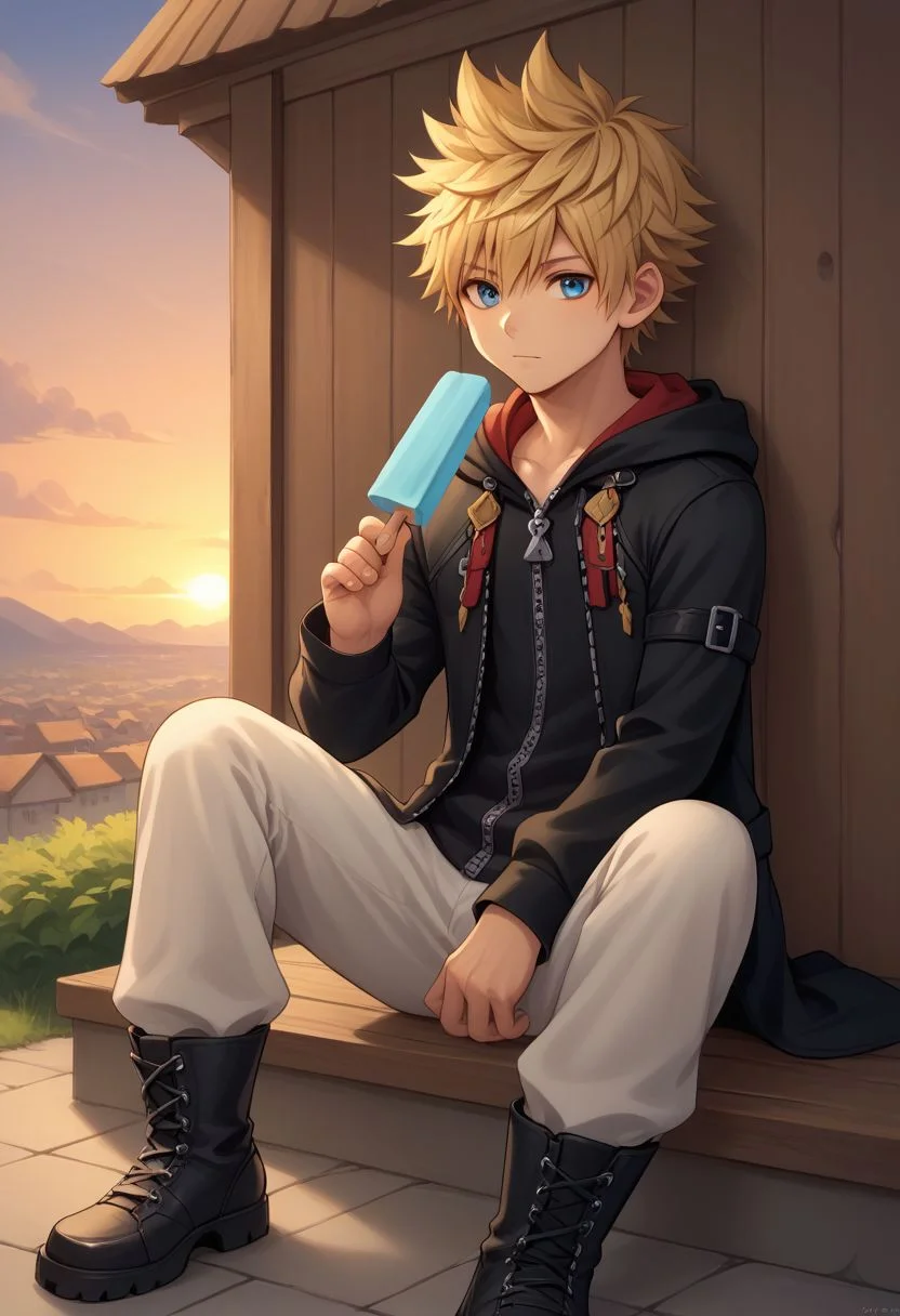 score_9, score_8_up, source_anime, highly detailed, 1boy, solo, male_focus slender, skinny,
roxas, solo, male focus, 1boy, blue eyes, blonde hair, zipper, gloves, spiked hair, black footwear, hood, hood on head, black coat, hold, holding Popsicle, blue Popsicle, upper body,
outdoor, village, sunset, sit,