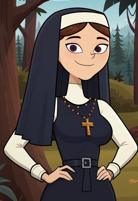((Forest background)),score_9, score_8_up, score_7_up,score_6_up,
1girl, Solo, Isabel_DC, fair skin, brown hair, straight hair, dark purple eyes, dark prussian blue nun veil with white coif, necklace with a golden cross, belt with square buckle, dark prussian blue nun tunic with long skirt, black flat shoes, big eyes, tall stature, social smile, perfect eyes, perfect smile, looking at the viewer, big breasts, detailed eyes, perfect eyes, cute, standing, (front pose, bust shot, close up to face, face portrait:1) hands on hips