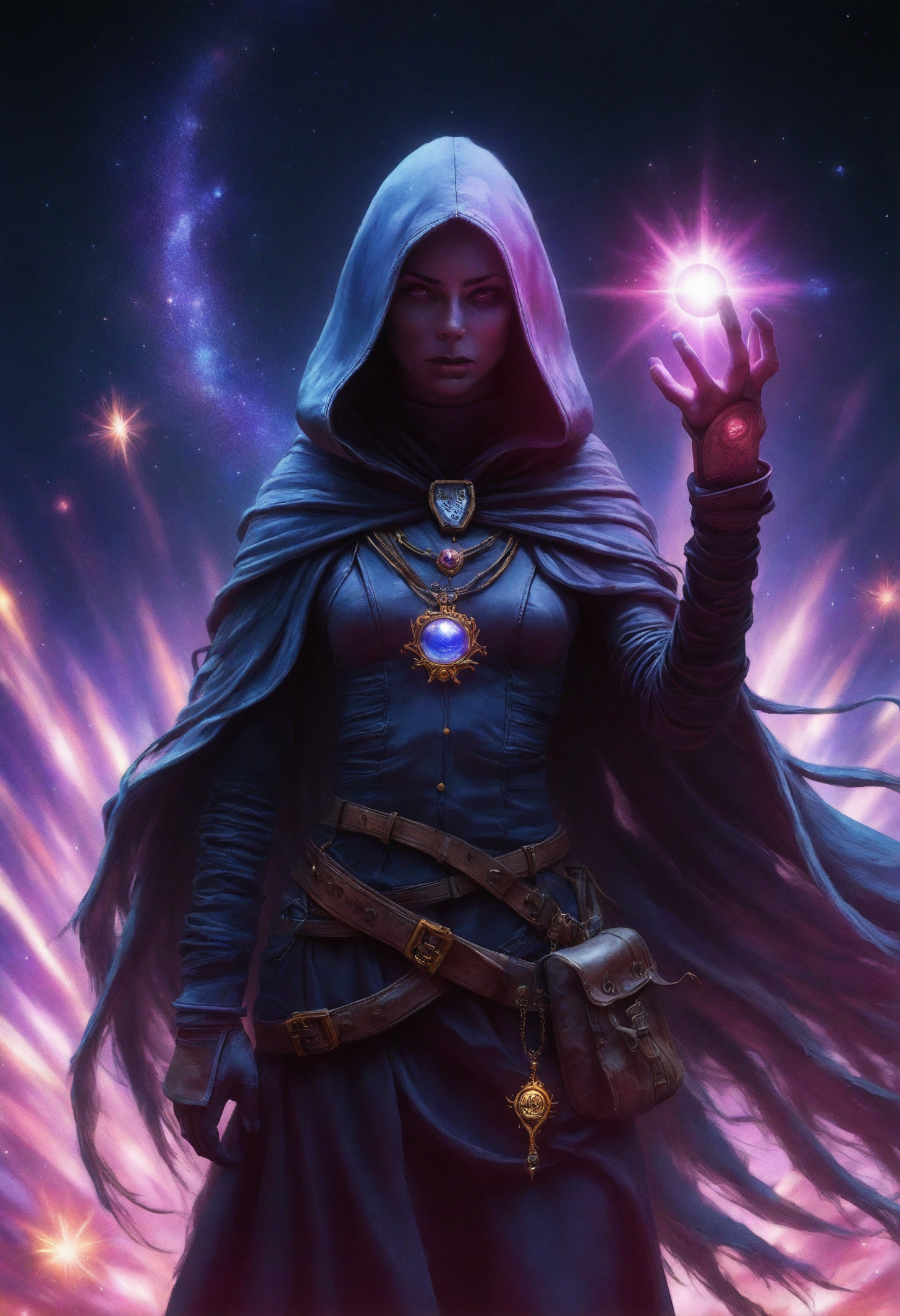 1girl,Raven,long cape,flowing cape,wind,holding a glowing_orb,amulet,hood,belts,pouches,magical dimension,otherworldly,galaxy,colorful bursts of energy,photorealistic, detailed