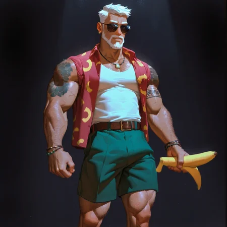 <lora:Cobra(IL):.7>,CobraDTD, tan skin, white hair, short hair, facial hair, beard, upper arm tattoo, red shirt with banana pattern, white tank top, earrings, necklace, sunglasses, bracelet, green shorts, belt, shoes,
aixiwuganda_(20222192), (artist:niichi \(niichi21\):0.5), (artist:jezz mons art:0.8), (artist:my eight:0.8), facial hair, stubble,
solo, muscular male, bara, mature, asian, (hairy, hairy body), short hair, male focus, facial hair,
very awa, masterpiece, best quality, absurdres, newest, perfect quality, detailed background, intricate details,
<lora:slider_Body Type_alpha1.0_rank4_noxattn_last:1><lora:style_Anime Summer Days 2 Style SDXL_LoRA_Pony Diffusion V6 XL:.6><lora:style_Low-Key Lighting Style - pony:.5>, DARK, DARK BACKGROUND, LOW-KEY LIGHTING <lora:slider_cfg_scale_boost:.7>
