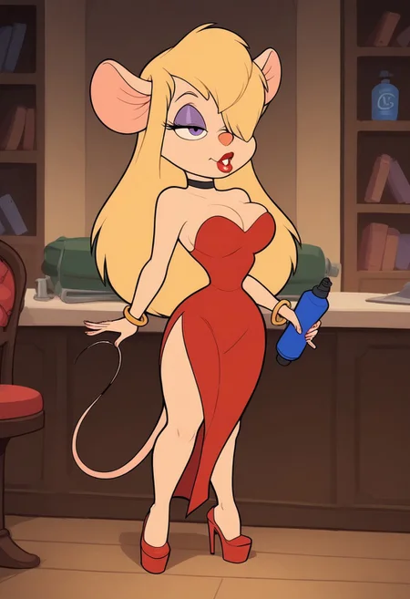 score_9, score_8_up, score_7_up, break,
solo, 1girl, Gadget, sexy rat girl, Mouse tail, femme, femme-fatale Gadget, seductress, perfect face, thin waist, seductive face, (violet eyeshadow:1.7), (long bangs:1.9), (bangs over one eye:1.4), shortstack, short body, (spray-on tan:1.4), (fake tan:1.6), (tanned skin), plump red lips, lipstick, makeup, bedroom eyes, bimbo stare, (platinum blonde), light-blonde hair, pale blonde, (long hair), voluminous hair, hourglass waist, very long eyelashes, huge natural breasts, oversized boobs, inside the tree house, skimpy femme-fatale dress, short red dress with no sleeves, sleeveless, deep cleavage, posing seductively, sticking out her tits and ass, red high heels, platform heels, no goggles, (no headgear), thigh-slit in dress, showing off her thighs, slit dress, no collar, thin shoulder-straps, slinky little dress, ((short hemline)), short skirt, black choker around neck with a emerald jewel, jade ring bracelet around wrist, not tall
