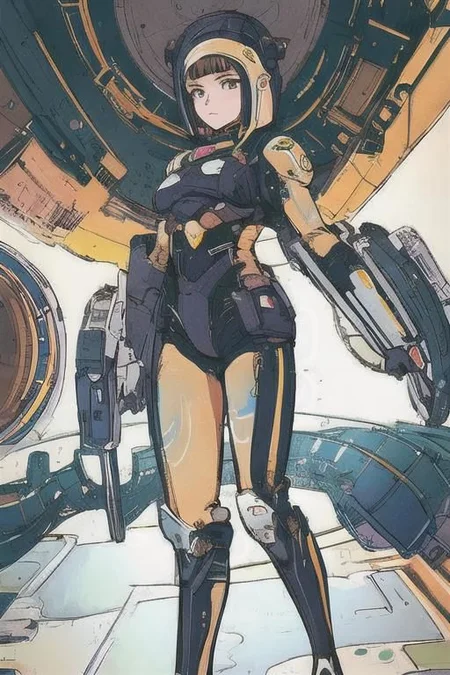 2d artwork, line artwork, comic aesthetics, 1girl, gorgeous, spacesuit mech, looking at viewer, surreal, breathtaking high-tech hardware background, line noise, ancient, retrofuturism, old comic paper, 1girl, beautiful face, spacesuit mech, short hair,
