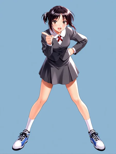 masterpiece,best quality,newest,
1girl,solo,
<lora:morii_kaho_ilxl_v1.0:1>,kaho,black hair,red hair elastic,ponytail,brown eyes,k_clothes,jacket,long sleeves,pleated skirt,white socks,blue footwear,
<lora:Fixhands_anime_bdsqlsz_V1:1>,full body,standing,hands_on_hips,white_background,simple_background,pointing at viewer,:d,looking_at_viewer,