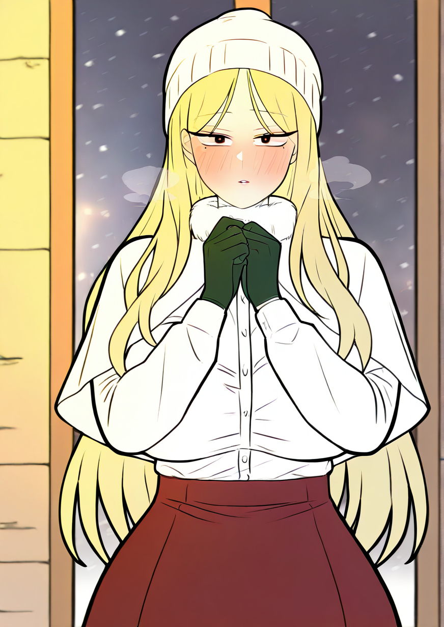 <lora:Love_Revolutionì°ì íëª:1.3>,1girl, mochizuki hijiri, huge breasts, , beanie, blonde hair, blush, breath, brick wall, brown eyes, capelet, dress shirt, forehead, fur collar, gloves, green gloves, hands up, hat, long hair, looking at viewer, own hands together, parted bangs, parted lips, red skirt, shirt, skirt, snowing, solo, very long hair, white capelet, white headwear, white shirt, window, very awa, masterpiece, best quality, newest, highres, absurdes,amazing quality
