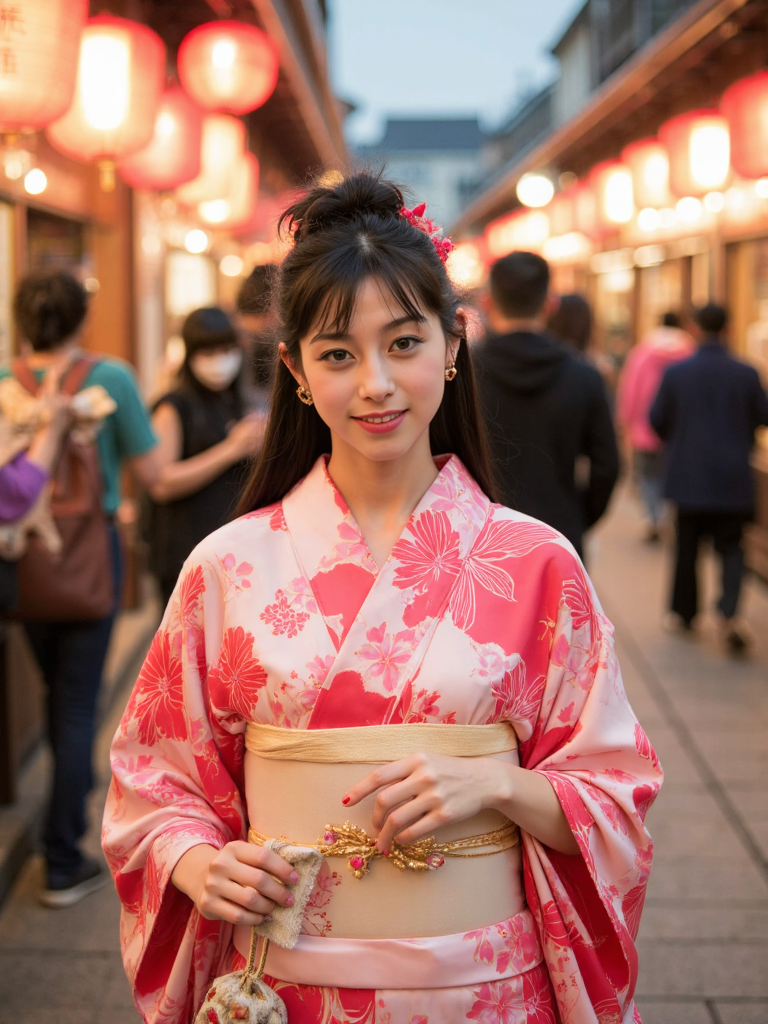There are wonderful studio lights and various reflections,
18yo beautiful cute girl with blushing and female orgasm.skin naturally showing the texture of blood vessels and detailed pale skin,
--,
<lora:Nakajo_Ayami_f1:1>,she is Nakajo Ayami, --,A petite girl dressed in a brightly colored kimono with red sakura patterns, draped with a light pink silk shawl, and tied at the waist with a large butterfly bow belt embroidered with gold threads. Her jet-black long hair is tied up high, adorned with red floral hairpins, with a few playful strands hanging near her ears. She lifts the hem of her kimono with both hands, posing as if walking gracefully. The wooden clogs make crisp sounds on the stone-paved road. Her face beams with a sweet smile, her eyes sparkling with excitement, and her cheeks slightly flushed, exuding a vibrant and youthful charm. A small floral-patterned cloth bag hangs from her wrist, swaying gently with her steps.The bustling temple fair street is lined with red lanterns on both sides, their warm light bathing the street in a golden glow. Various stalls are filled with traditional snacks and games, and the aroma of food wafts through the steamy air. In the distance, the flying eaves of an ancient temple can faintly be seen. The scene is shot from a slightly overhead angle, capturing the moment the girl walks by. The background is deliberately blurred to highlight the figure while preserving the lively atmosphere of the street. The surrounding pedestrians form hazy silhouettes, and the lighting casts a soft glow on the girlâs kimono, creating a joyful and cozy traditional festival ambience.