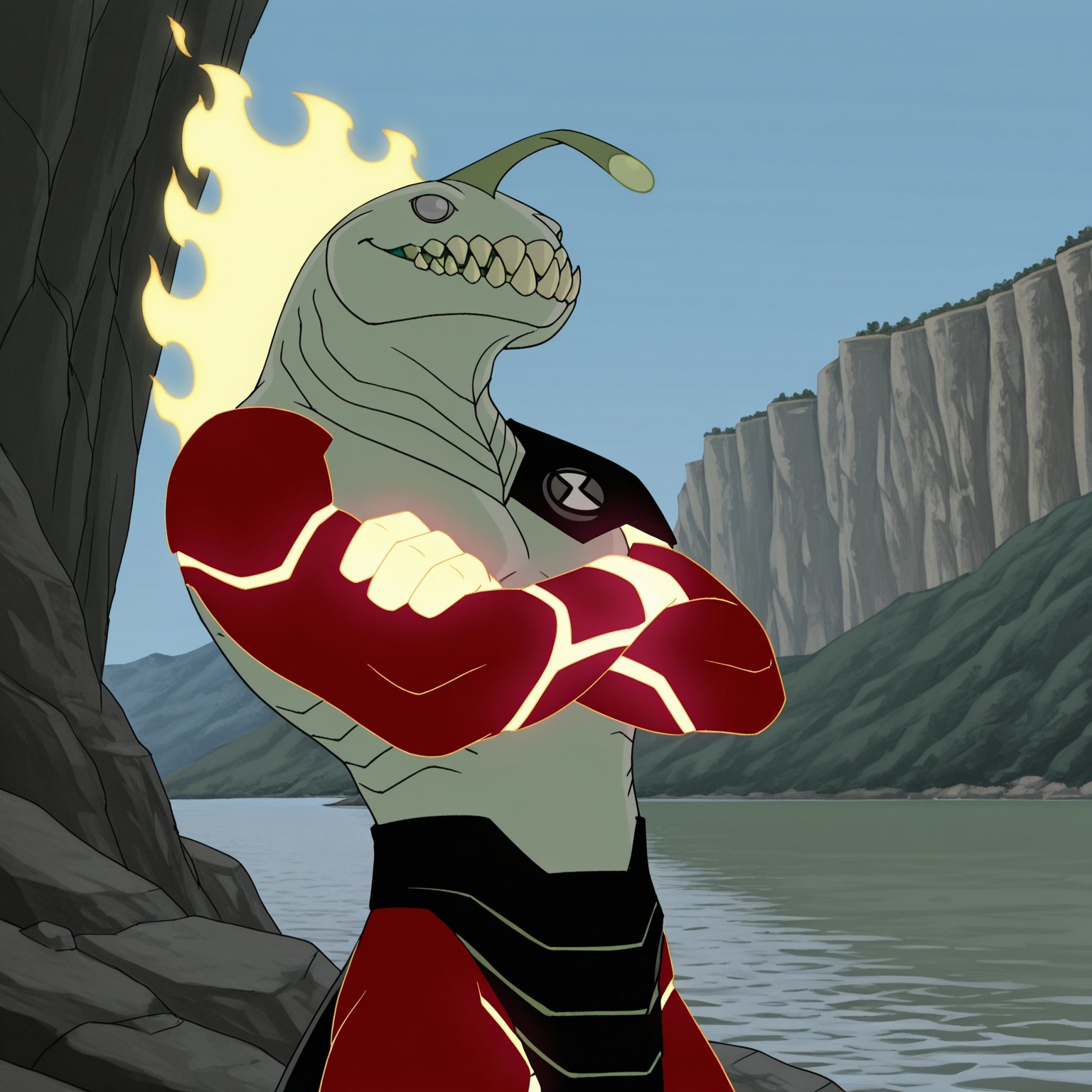 8k, uncensored, masterpiece, best quality, highly detailed, realistic, 1boy, solo, HeatJaws, furry, anthro, marine, amphibian, fire elemental, hybrid, esca, grey sclera, no pupils, gills, light-green body, sharp teeth, big teeth, olive-green tongue, red arms, glowing hands, red legs, black shoulder pad, black waistwear, upper body, closed mouth, (looking at viewer, standing, cliff, gravel, lake, cliff edge, afternoon, blue sky, detailed background, front view, hand on hip, (4 fingers), smile, arms crossed