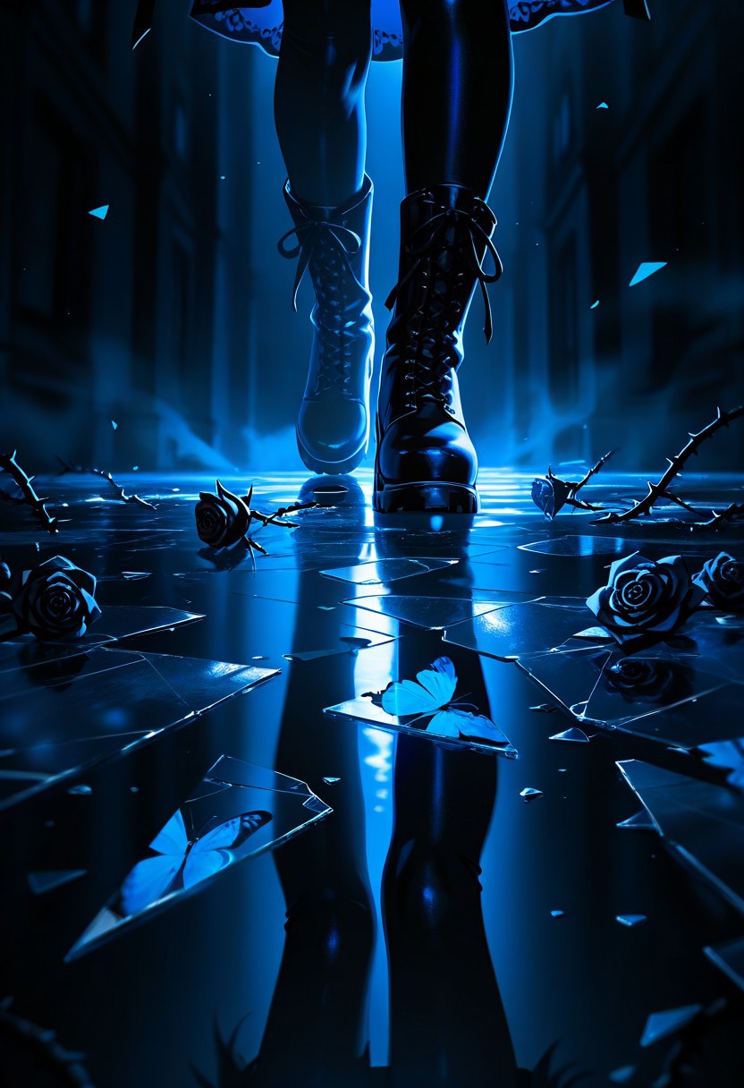HDR, 8K, high contrast, masterpiece, best quality, amazing quality, very aesthetic, high resolution, ultra-detailed, absurdres, newest, scenery, chiaroscuro, 1girl, goth, solo, SmoothNoob_Quality, lower body, boots, abstract, breaking, shattered, glass, broken glass, monochrome, spot color, blue and black theme, dark, gothic, (black rose at center), thistles and thorns, flora, black and thick liquid, fog, blue butterfly, underlighting, strong visual impact, film lighting, (reflection, glass shards:1.2), sketch, lineart, wet painting,​​​