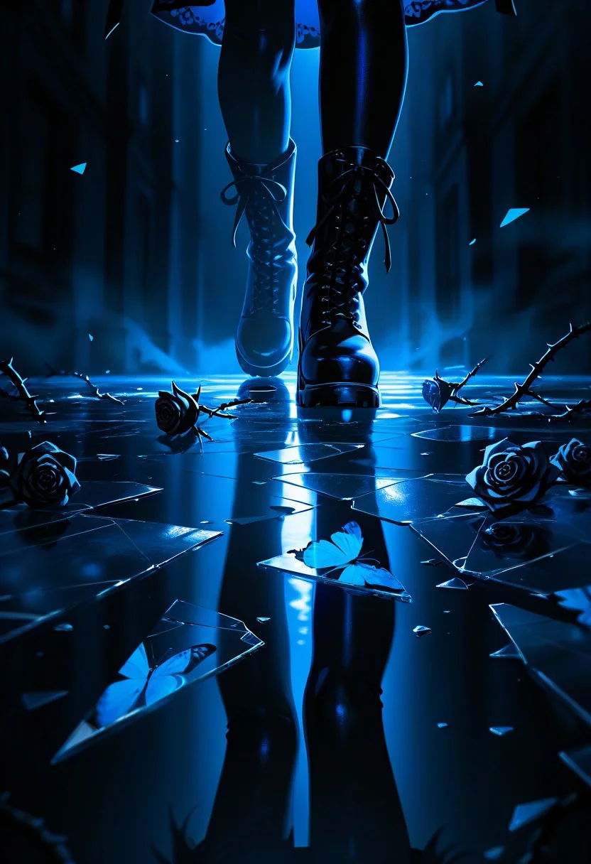 HDR, 8K, high contrast, masterpiece, best quality, amazing quality, very aesthetic, high resolution, ultra-detailed, absurdres, newest, scenery, chiaroscuro, 1girl, goth, solo, SmoothNoob_Quality, lower body, boots, abstract, breaking, shattered, glass, broken glass, monochrome, spot color, blue and black theme, dark, gothic, (black rose at center), thistles and thorns, flora, black and thick liquid, fog, blue butterfly, underlighting, strong visual impact, film lighting, (reflection, glass shards:1.2), sketch, lineart, wet painting,​​​