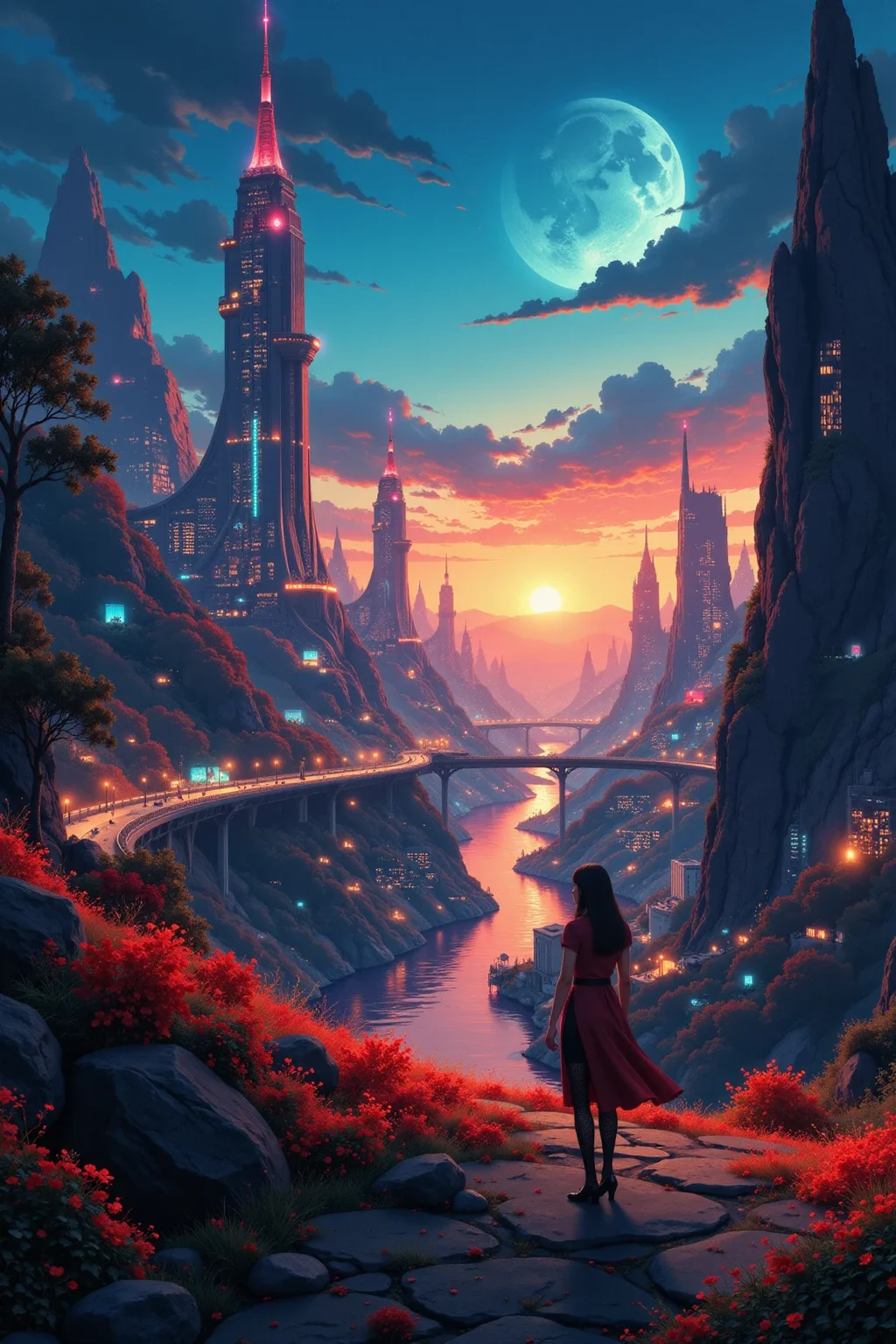 a futuristic sci-fi fantastic cyberpunk city beautiful landscape, dusk, woman, very intricate, very detailed, sharp, bright, colorful, <lora:Hand v2:0.5> <lora:Anti-Blur:1><lora:Insane Detail Slider:0.25> <lora:flux.1_lora_flyway_Epic-detail_v2:0.3> <lora:fluxenhancer:0.25> <lora:Anime_style:0.6> anime style