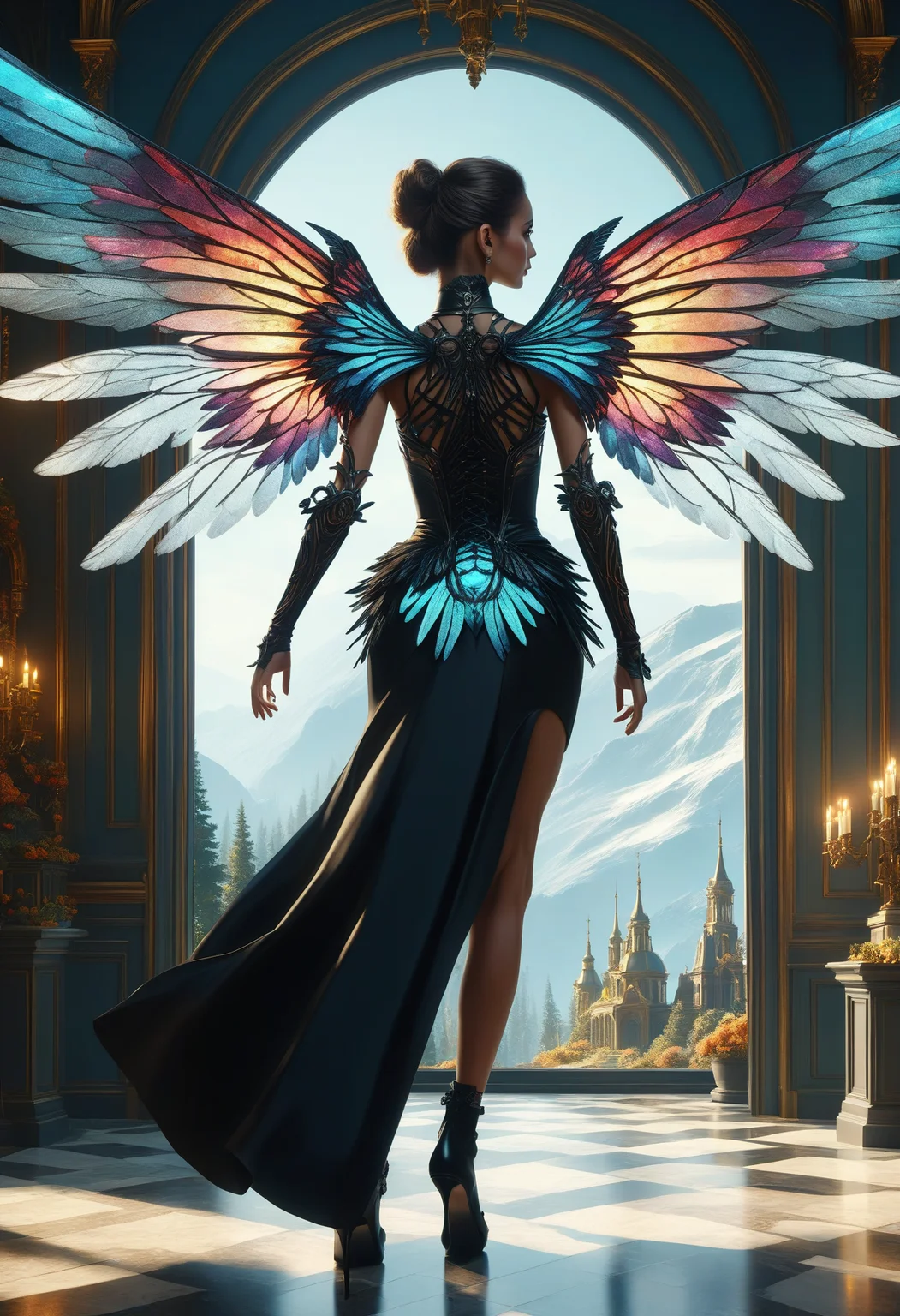 awesome quality, dynamic,DonMDr4g0nXL woman from behind,wings attached to back,skirt, (draconid:0.25) gamboge radiant necrotic, town mansion in mountain biome <lora:myLora\DonMDr4g0nXL-v2rb:1>,