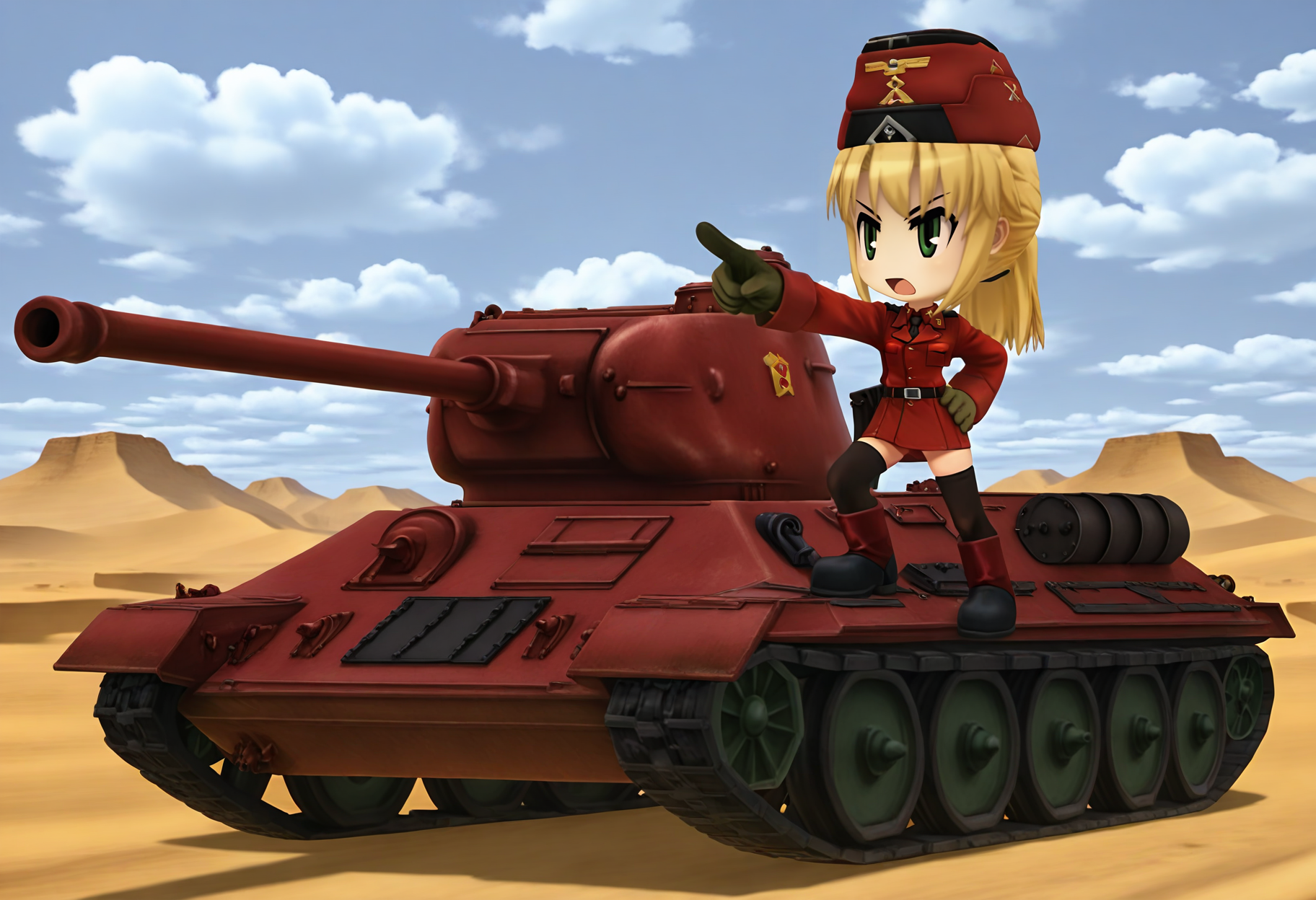 best hands, 5 fingers, perfect hand, <lora:MSNF_IL1.5:1>
msnf, official art, 1girl, solo, blonde hair, green eyes, ponytail, serious, open mouth, no nose,
gloves, necktie, black thighhighs, red military uniform, red boots, red Tanker Cap, black belt,
hand on own hip, pointing, legs apart,
outdoors, Desert, day, cloud, shadow,
<lora:Ð¢-34-85_Vehicle_for_Illustrious:1>t3485, green tank, military vehicle, (large tank:1.5),