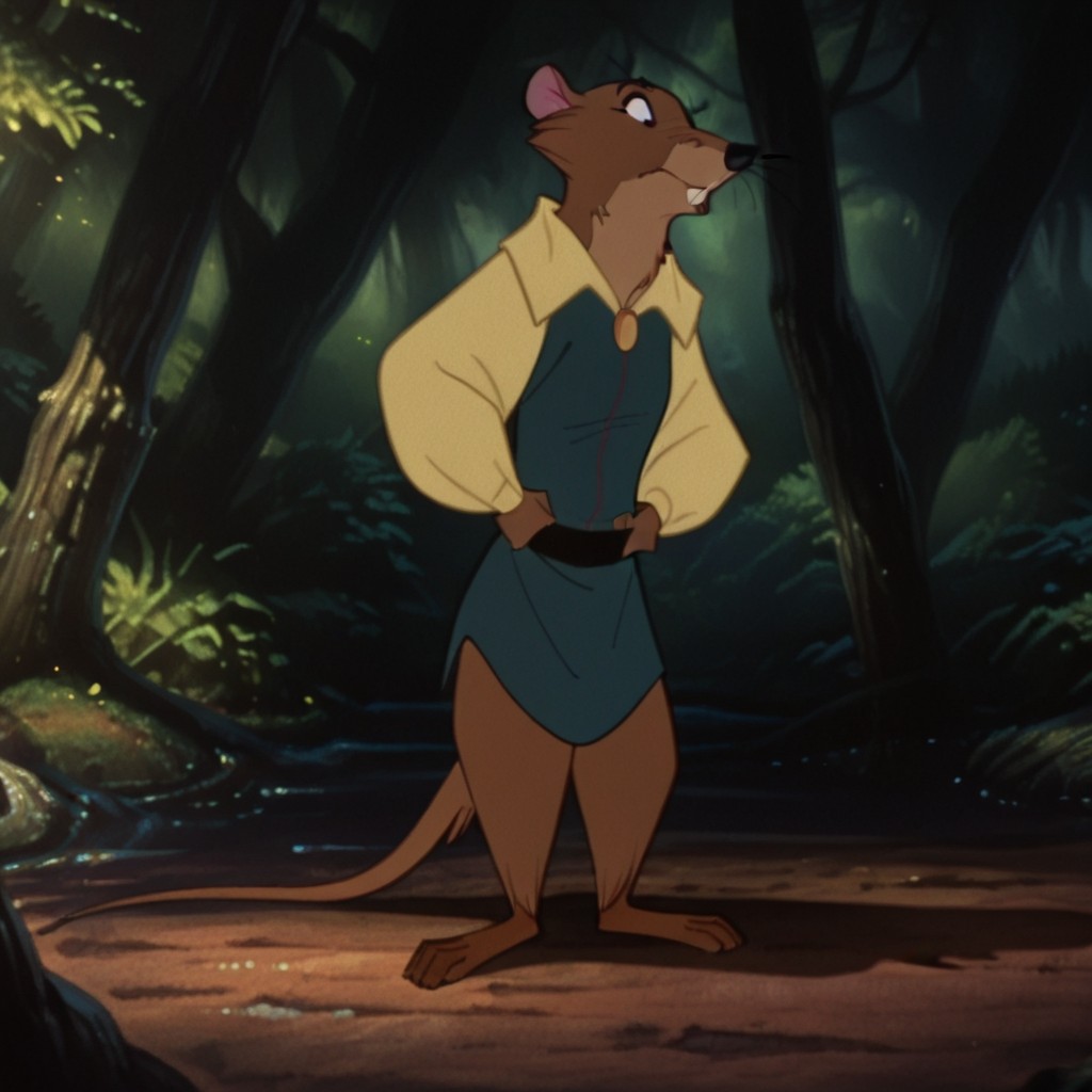 masterpiece, best quality, amazing quality, JustintsonIL, semi-anthro, male, rat, brown fur, black eyes, whiskers, blue tunic, yellow sleeves, long sleeves, black belt, forest, standing, hands on hips,, <lora:ab89735d-f37d-4498-b608-f6553f5dd662:1.0>