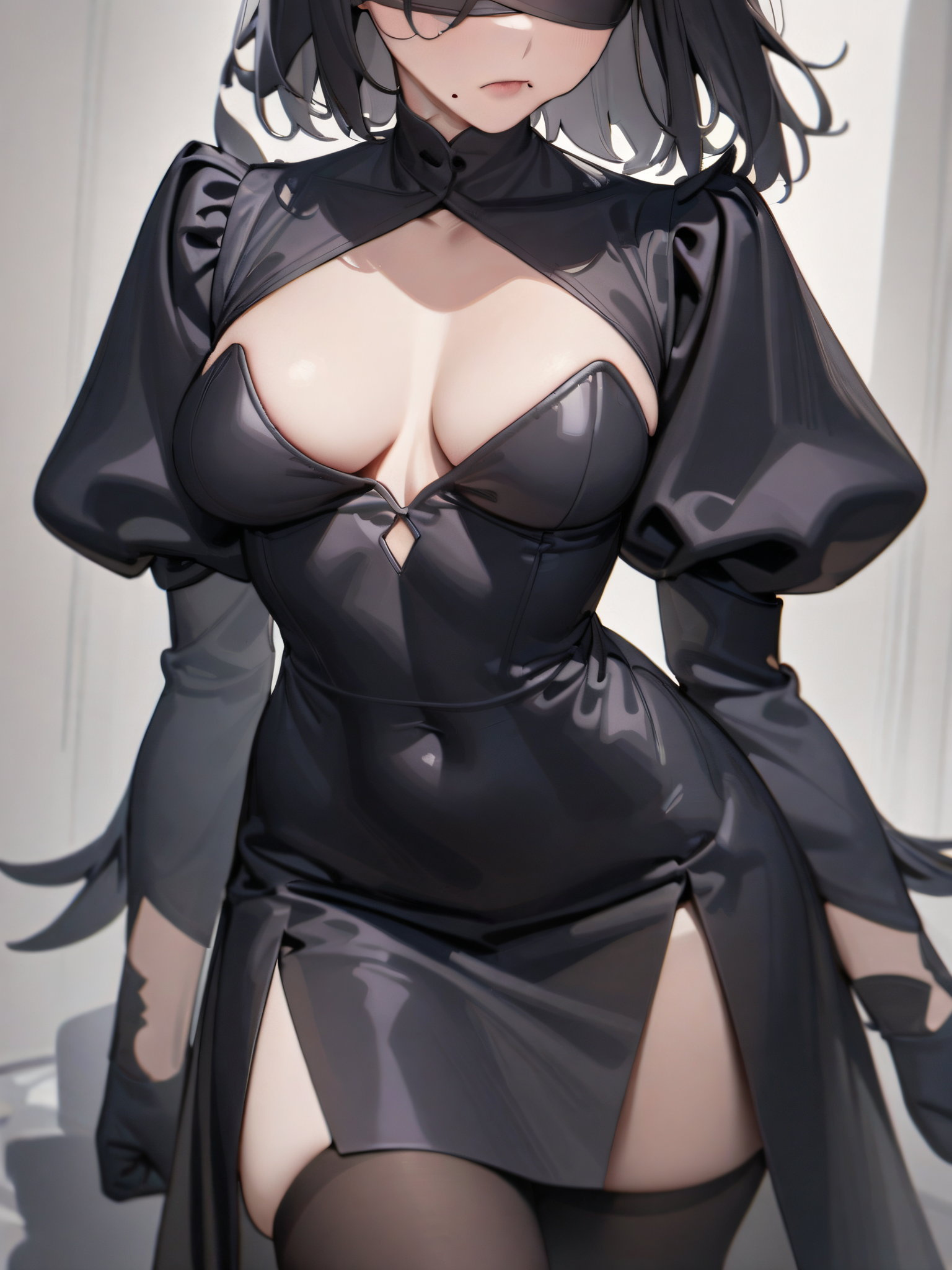 masterpiece, best quality, black blindfold, covered eyes, mole under mouth, clothing cutout, long sleeves, puffy sleeves, juliet sleeves, feather trim, black thighhighs, black gloves, black dress, black skirt,  <lora:Abbystea_Style_LoRA_XL:1>, abbystea style, breasts