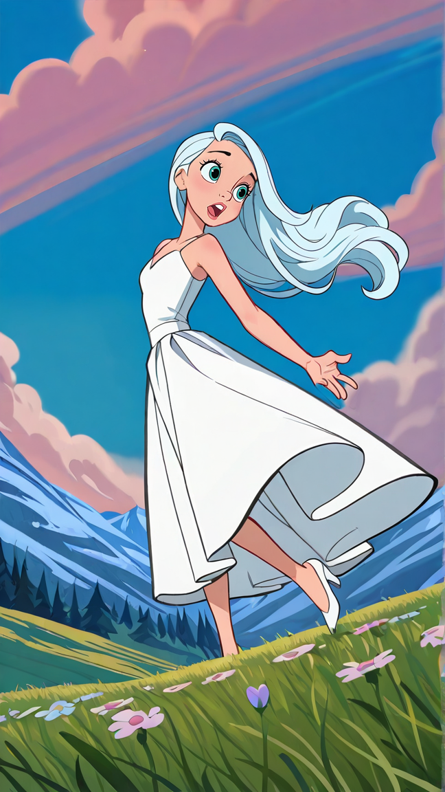 disney animation,
best quality, amazing quality, very aesthetic, high resolution,
1girl, A vibrant anime-style meadow in the Austrian Alps during a bright sunny day. A young woman with large expressive eyes, flowing hair, and a traditional yet stylish dress stands on a hilltop with her arms outstretched, joyfully spinning around. The rolling hills are lush and green, filled with colorful, fantastical wildflowers. The majestic mountains in the background rise dramatically against a clear blue sky, with a few stylized, wispy clouds. The scene is infused with a sense of freedom, joy, and the enchanting beauty of nature, brought to life with vivid colors and dynamic, energetic animation.
<lora:Disney_Animation_v5-V7:1>âââ