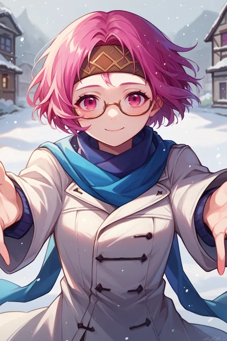 score_9, score_8_up, score_7_up, digital painting, 1girl, solo, <lora:NSNeimiFE8:0.9> NSNeimiFE8, short hair, pink eyes, headband, blue scarf, white coat, winter, snowing, blush, pale skin, glasses, outstretched arms, reaching towards viewer, slight smile, pov