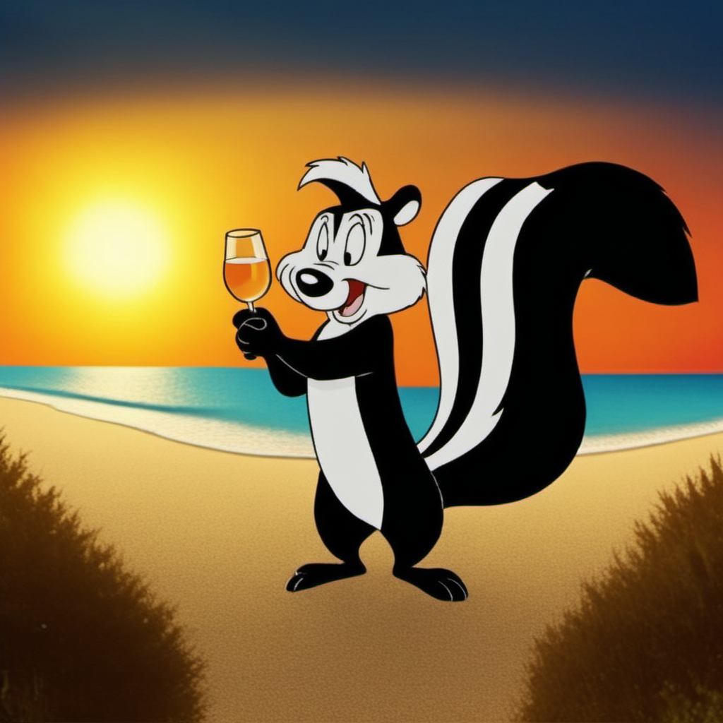 cinematic photo a cartoon character with a big furry tail,having a cocktail on the beach, sunset<lora:Pepe1024:0.8> . 35mm photograph, film, bokeh, professional, 4k, highly detailed