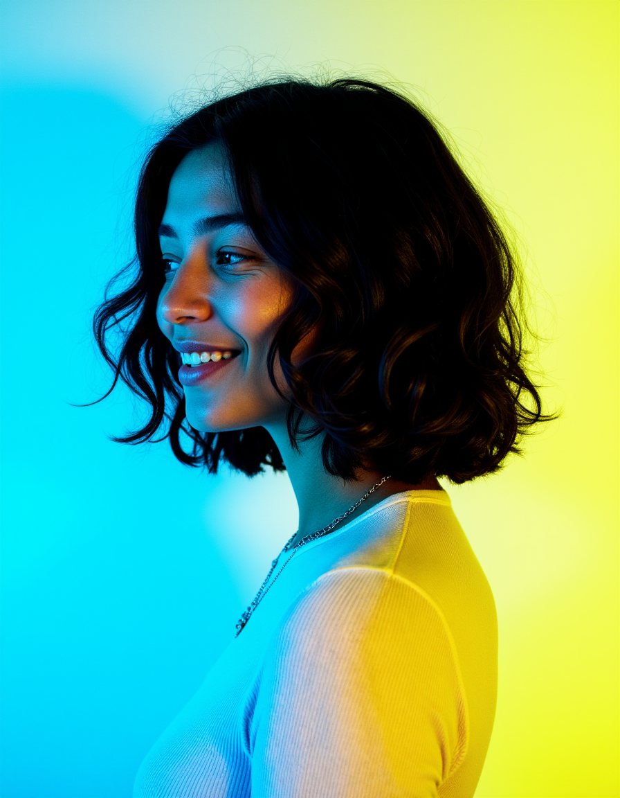 professional photography. Grain. This is a high-resolution photograph featuring a close-up profile of a young woman with medium-length, wavy black hair that frames her face. The lighting in the image creates a striking contrast between the cool, blue tones on the left side of her face and the warm, yellow tones on the right side. This gradient lighting enhances the texture of her hair, which appears voluminous and slightly tousled. Her skin tone is light, and she has a serene expression with closed eyes and a slight smile. She is wearing a simple, white ribbed knit top, which contrasts with the colorful background. The background itself is a smooth gradient transitioning from blue to yellow, adding a modern, artistic flair to the image. The overall composition and lighting give the photograph a dramatic and stylish feel, emphasizing the subjectâs natural beauty and the interplay of light and shadow. The image captures a moment of calm and contemplation, with the woman's profile taking center stage in the frame.  <lora:Cory_Photo_LoRA:0.7>
