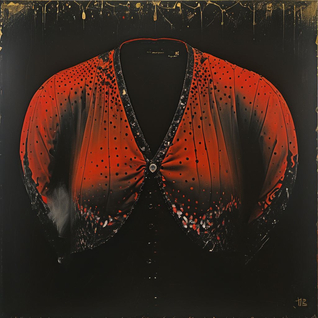 oil masterpiece painting style by Yayoi Kusama. lace bra, showcasing its glittery and elegant design. The bra is adorned with intricate patterns and sparkling embellishments, reflecting light as it catches the viewer's eye. The background is filled with particles, powder explosions, and splashes of color, creating a dynamic and dramatic atmosphere. The overall ambiance of the image is both fashionable and artistic, showcasing the true essence of high-end design