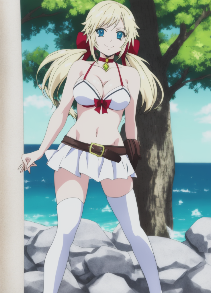 <lora:Yuna_Yunis:1> Yuna_Yunis, 1girl, breasts, solo, blue eyes, blonde hair, large breasts, smile, long hair, cleavage, looking at viewer, hair bow, bow, belt, outdoors, tree, twintails,  cleavage, choker, collarbone, white swimsuit, white bikini, white skirt, navel, white thighhighs