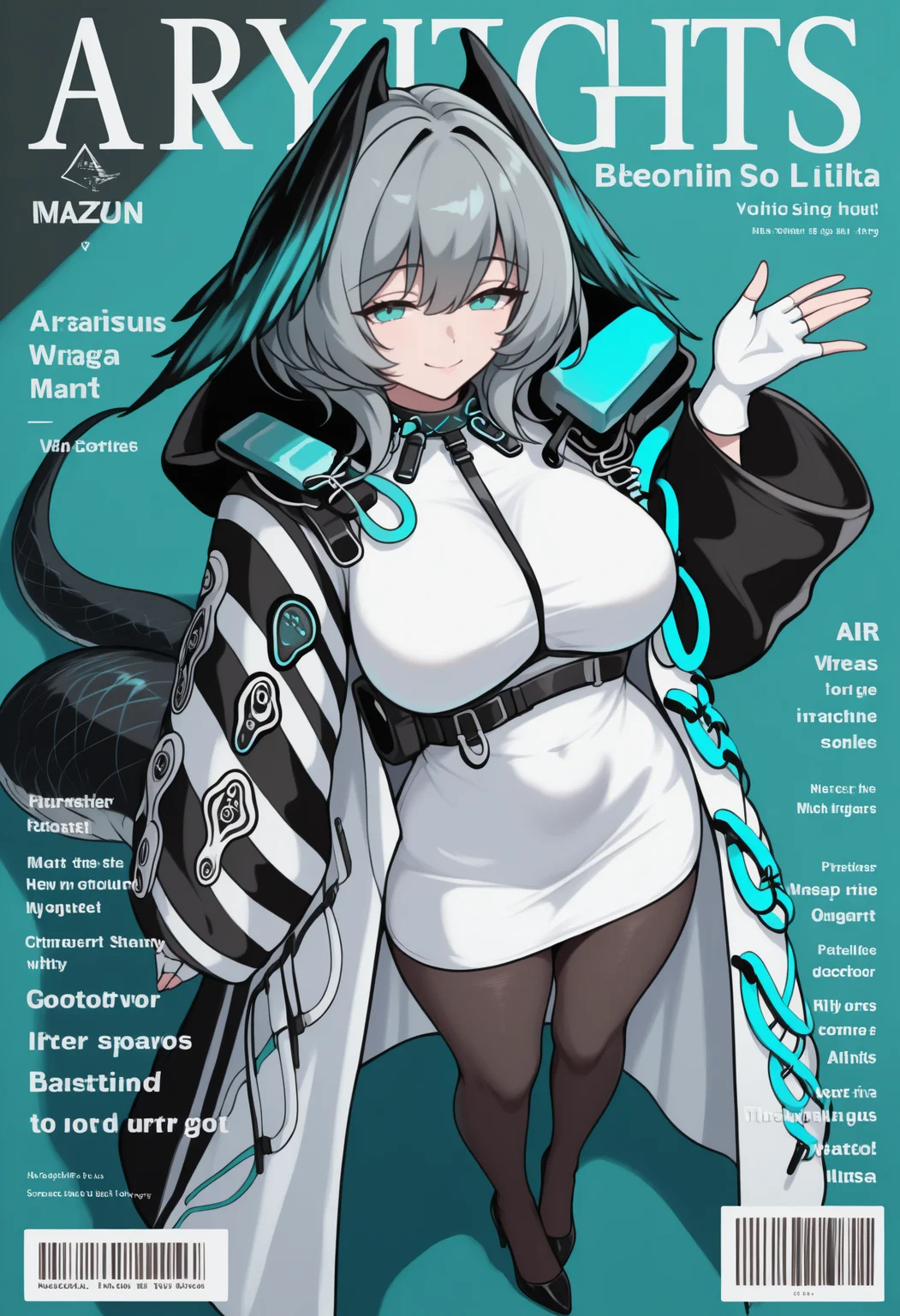 masterpiece, best quality, full body, from above, dutch angle, magazine cover, character name, english text, barcode, solo, 1girl, hlykdef, snake tail, long tail, smile, looking at viewer, standing, hand up, short hair, grey hair, hair between eyes, head wings, feathered wings, aqua eyes, long coat, white coat, open coat, long sleeves, short dress, white dress, pencil dress, strap between breasts, white gloves, fingerless gloves, black pantyhose, black footwear, high heels, infection monitor \(arknights\), large breasts
<segment:yolo-Anzhc Face seg 640 v2 y8n.pt,0.4,0.5//cid=1>