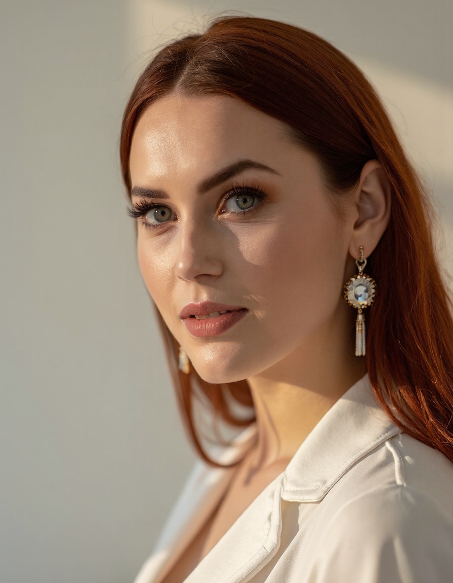 The reflective surfaces of her earrings and outfit create a dynamic interplay with the environment, emphasizing her sleek presence. The minimalist background allows the viewer to focus on her eye-catching fashion and makeup. Captured with a Sony A7R IV camera and a 50mm f/1.2 G Master lens for a beauty editorial shoot, this composition highlights her fashion-forward aesthetic. Inspired by avant-garde fashion photography from Sølve Sundsbø, this image blends contemporary fashion and minimalist elegance, embodying mythp0rt and niji_flux styles for a sleek, high-fashion vision. ((portrait))