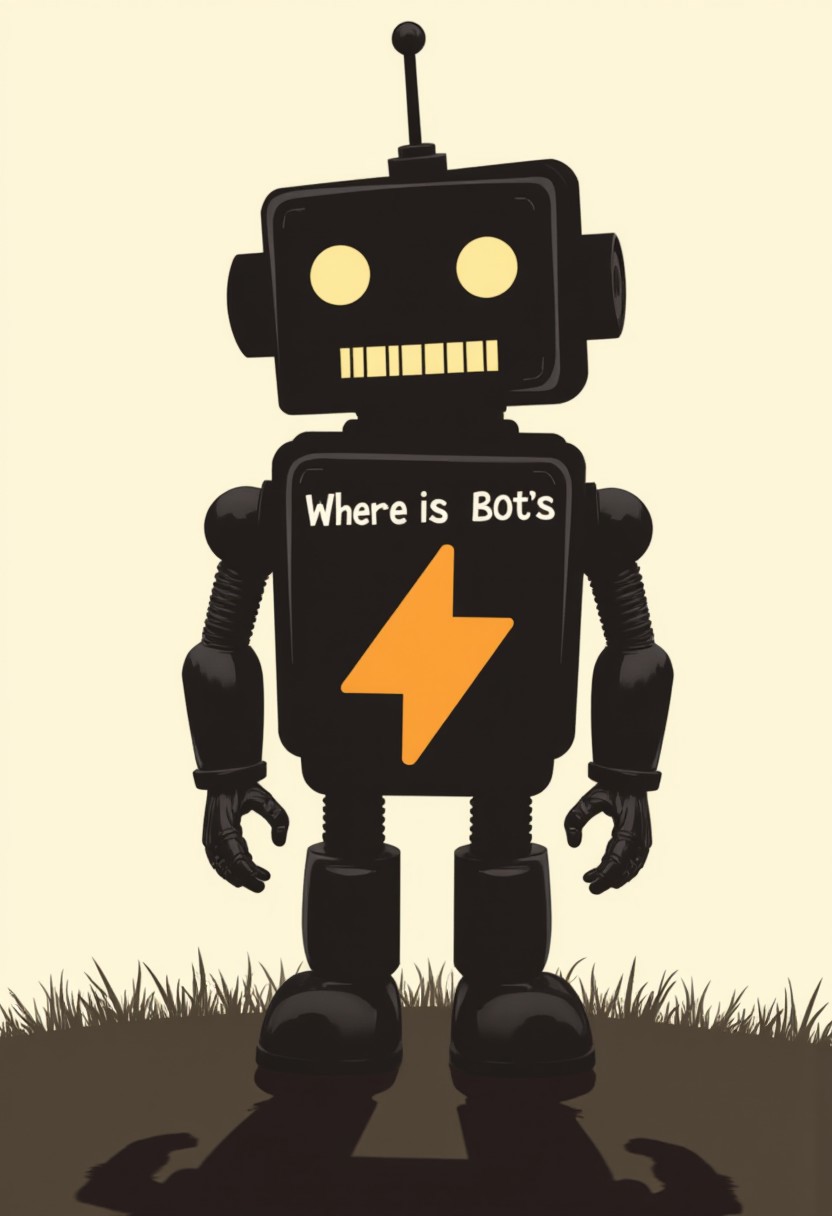 a worn out robot saying "Where is Bot's Buzz" SuchBuzzLogo silhouette cast shadow as foreground