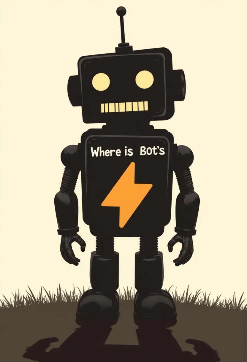 a worn out robot saying "Where is Bot's Buzz" SuchBuzzLogo silhouette cast shadow as foreground