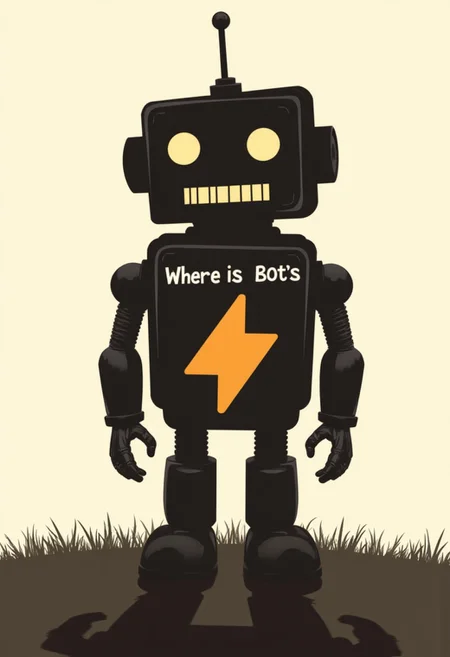 a worn out robot saying "Where is Bot's Buzz" SuchBuzzLogo silhouette cast shadow as foreground